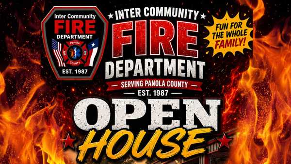 Flyer for Inter Community Fire Department Open House, October 13, 2026, from 6 to 8 p.m. in DeBerry, Texas, featuring fire trucks, free hot dogs and nachos, and family activities.