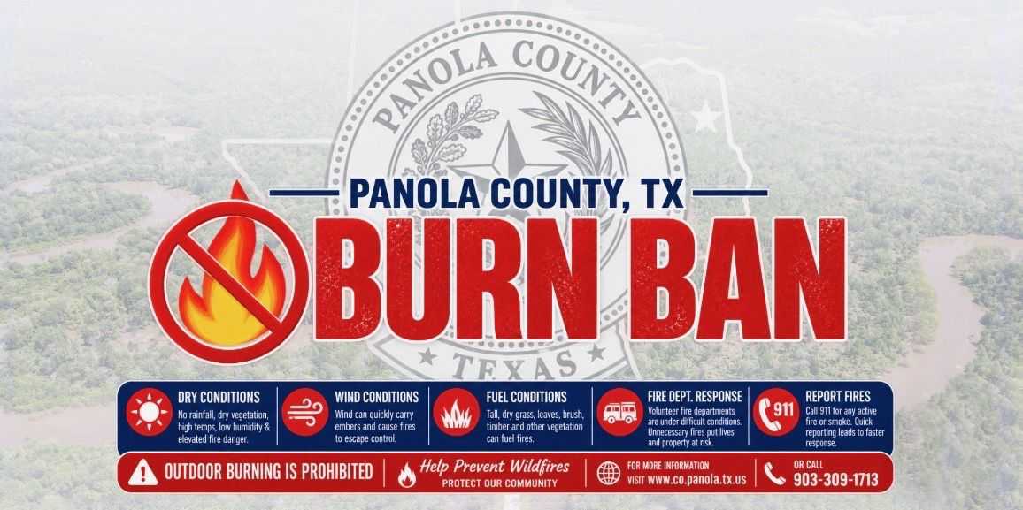 Panola County, Texas burn ban notice with a no-fire symbol, reasons for the ban including dry and windy conditions, and a warning that outdoor burning is prohibited.