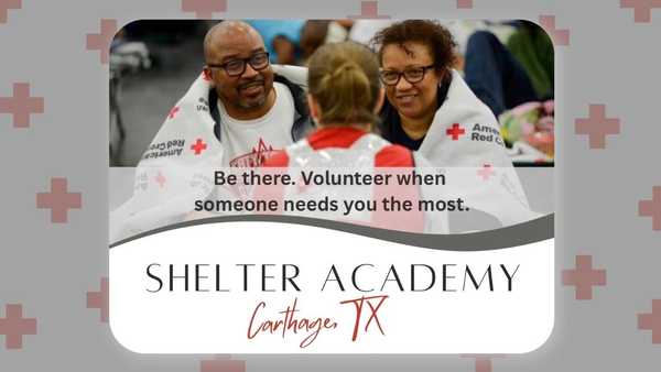 American Red Cross Shelter Academy promotional graphic showing volunteers assisting community members, with text inviting people to volunteer in Carthage, Texas.